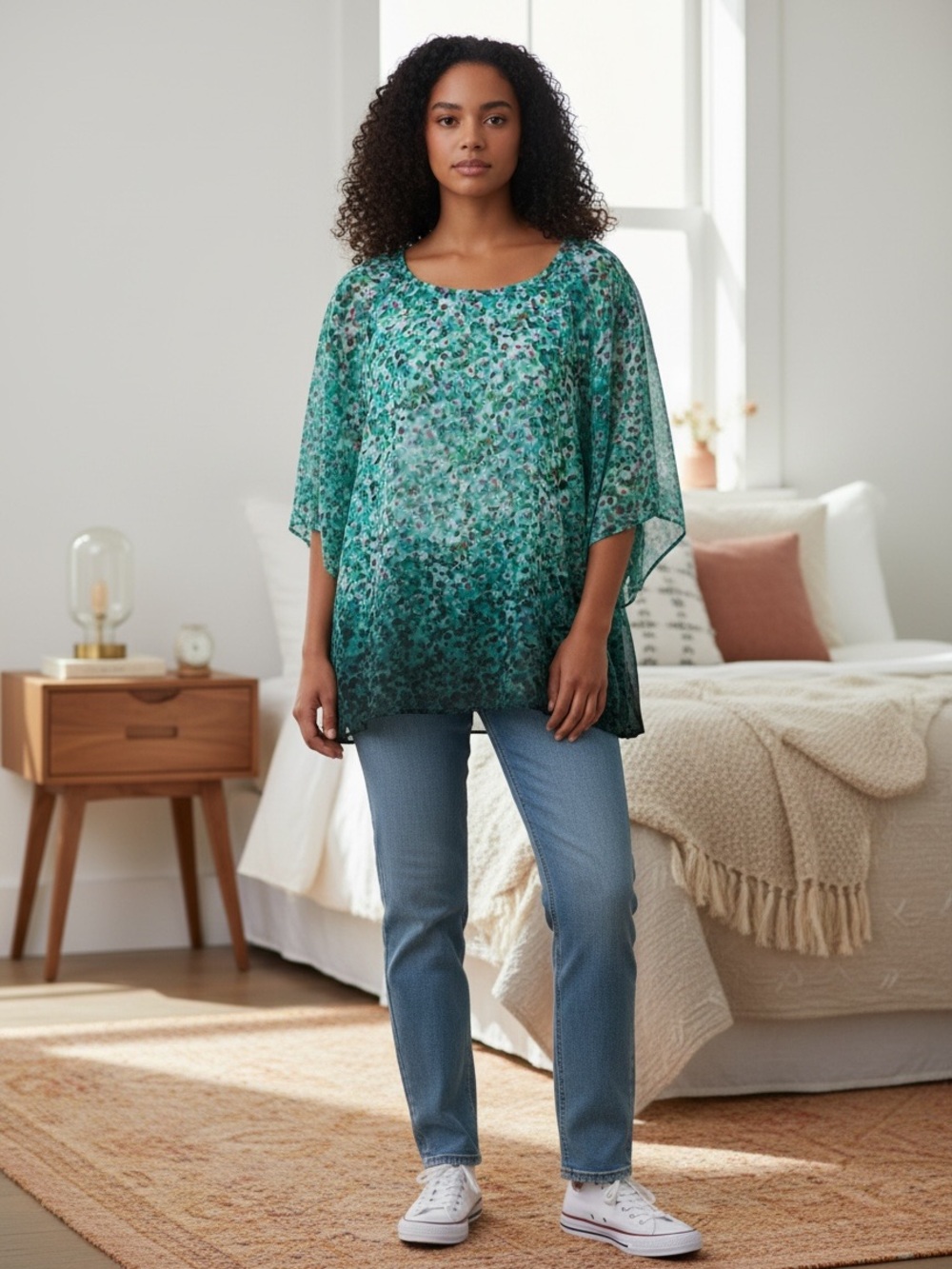 Karen Kane Nature Study Teal Floral Semi Sheer Top NWT VTG